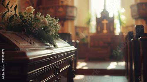 Serene Church Funeral Service With Casket and Floral Arrangement