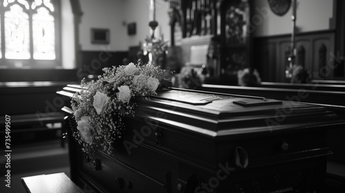 Solemn Funeral Service in a Church With Coffin and Floral Tribute, Black and White Photo  photo