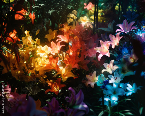 A garden where every flower emits its own neon glow creating a rainbow of light 