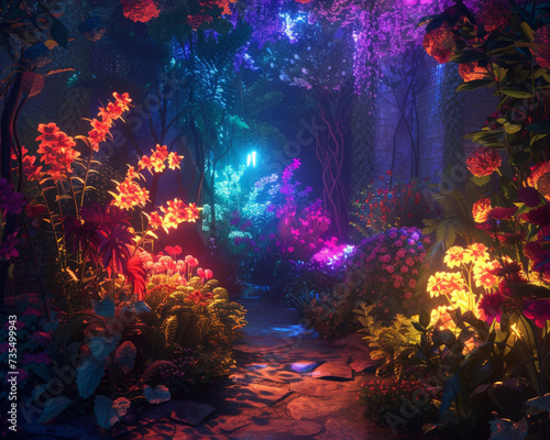 A garden where every flower emits its own neon glow creating a rainbow of light with animal shadows telling tales of angels and devils