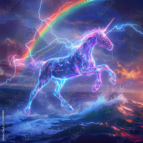 A majestic animal made of pure light galloping across a neon rainbow bridge spanning the sea to the heavens © BussarinK