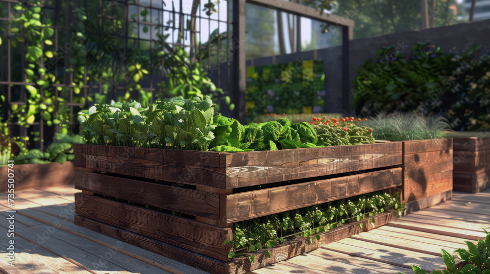 A garden with beds filled with fresh vegetables and herbs in a box