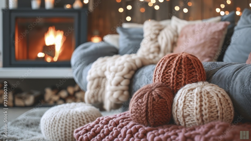 Cozy and warm fireside with soft pop colored throws and cushions Cozy and warm fireside with soft pop colored throws and cushions