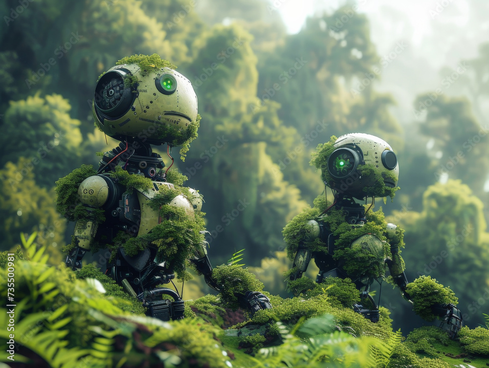 Robots using advanced AI to regenerate forests turning barren lands into lush workspaces for staff and clients Robots using advanced AI to regenerate forests turning barren lands into lush workspaces for staff and clients