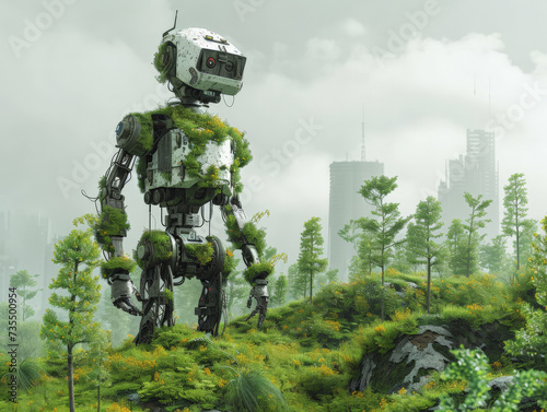 Robots using advanced AI to regenerate forests turning barren lands into lush workspaces for staff and clients photo