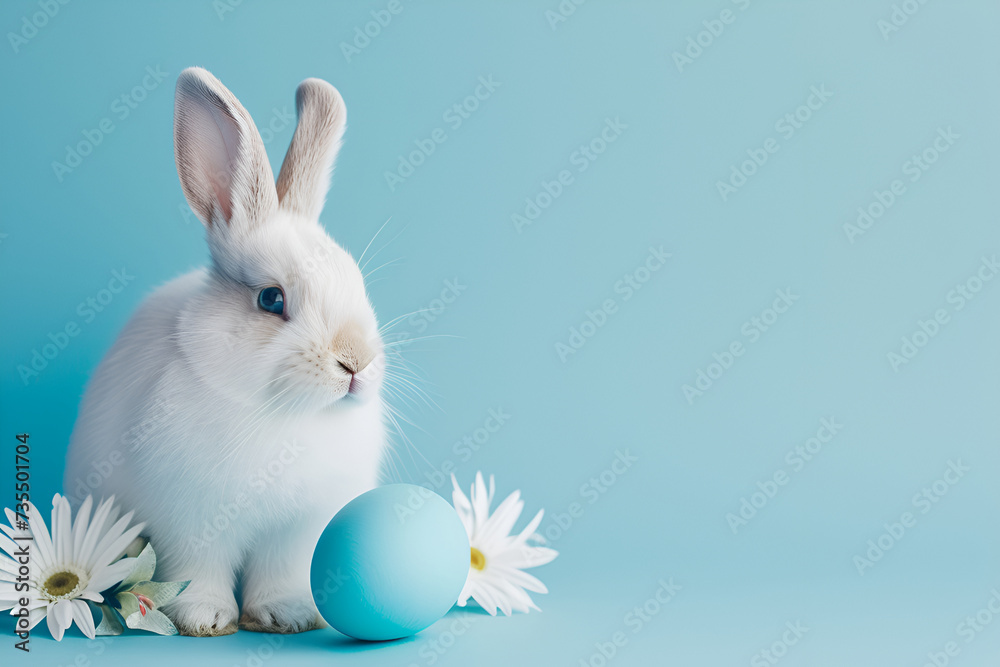 Obraz premium Easter bunny rabbit with painted egg and flowers on blue background
