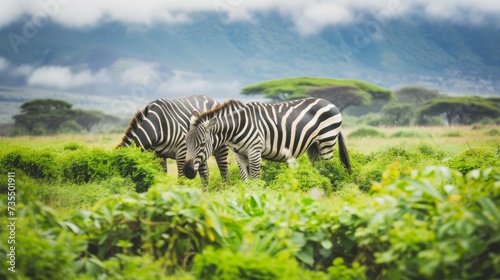 Peaceful Zebras Grazing on Lush Green Field with Mountain Range AI Generated.