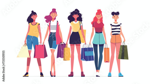 Women with shopping bags semi-flat color vector.