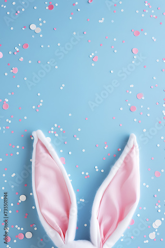 Funny headband with Easter bunny ears on color background, top view. Space for text