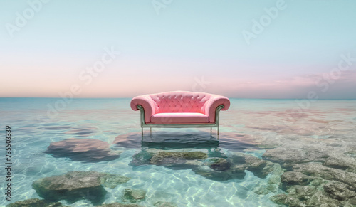 Pink sofa in the sea