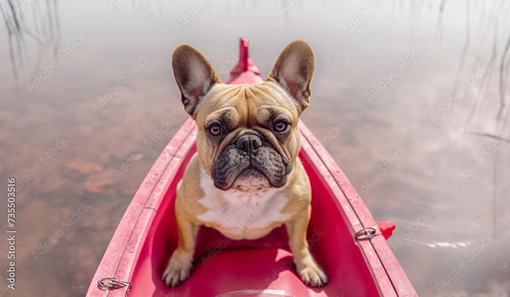 french bulldog puppy in pink boat on the lake