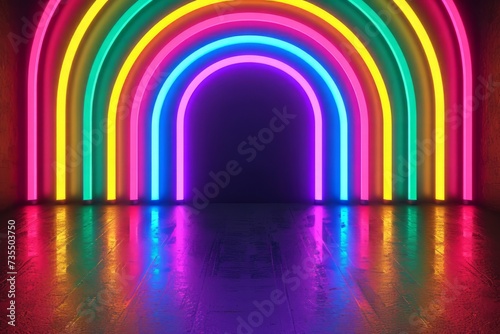 Colorfull rainbow line background neon. Empty virtual room.