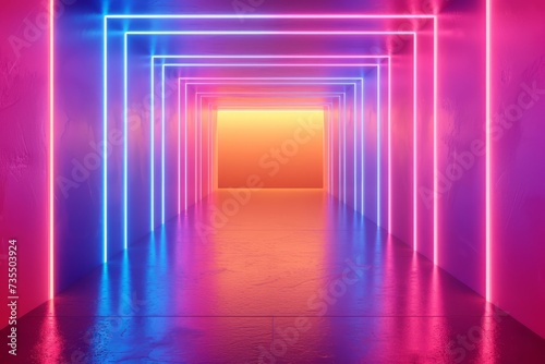 abstract background with neon lines glowing in ultraviolet spectrum. Empty virtual room  square frame.