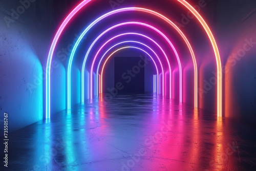 abstract background with neon lines glowing in ultraviolet spectrum. Empty virtual room, square frame. © masmadz99