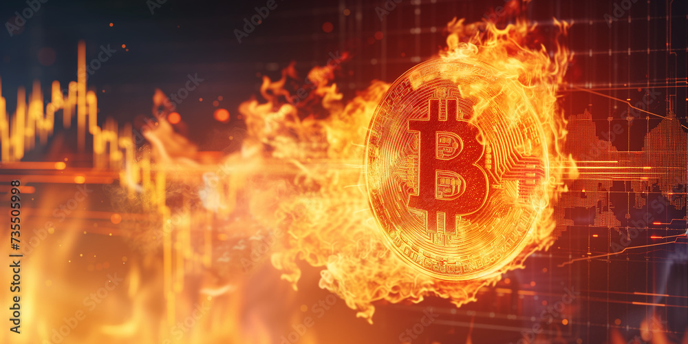 Flaming Bitcoin symbol in front of financial graphs, symbolizing the intense heat of the cryptocurrency market Flaming Bitcoin symbol in front of financial graphs, symbolizing the intense heat of the cryptocurrency market
