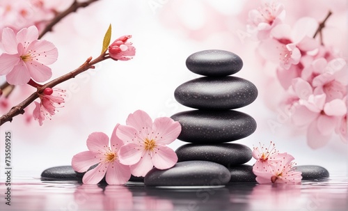 stack of spa stones with cherry blossoms  spring pink flowers with balanced massage stones