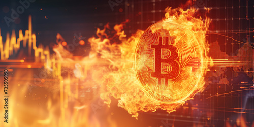 Flaming Bitcoin symbol in front of financial graphs, symbolizing the intense heat of the cryptocurrency market