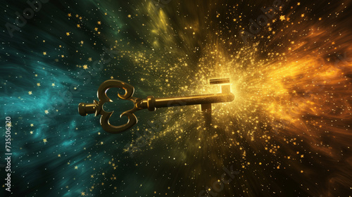 Bronze vintage key on space background. Magic and wizardry concept. Banner, copy space. © sderbane