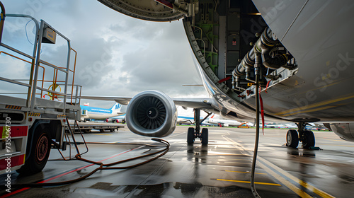 A photo of a commercial airplane being refueled. Close-up of an airplane with a refueling hose attached.