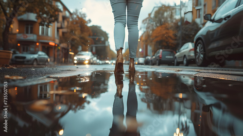 A photo of a woman walking down the street, reflected in a puddle, with a confident stride and a stylish outfit.
