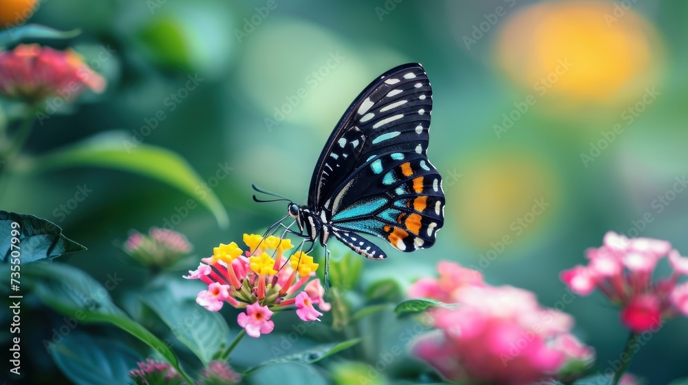 Naklejka premium Black and Blue Butterfly on Flowers with a Soft Bokeh Background