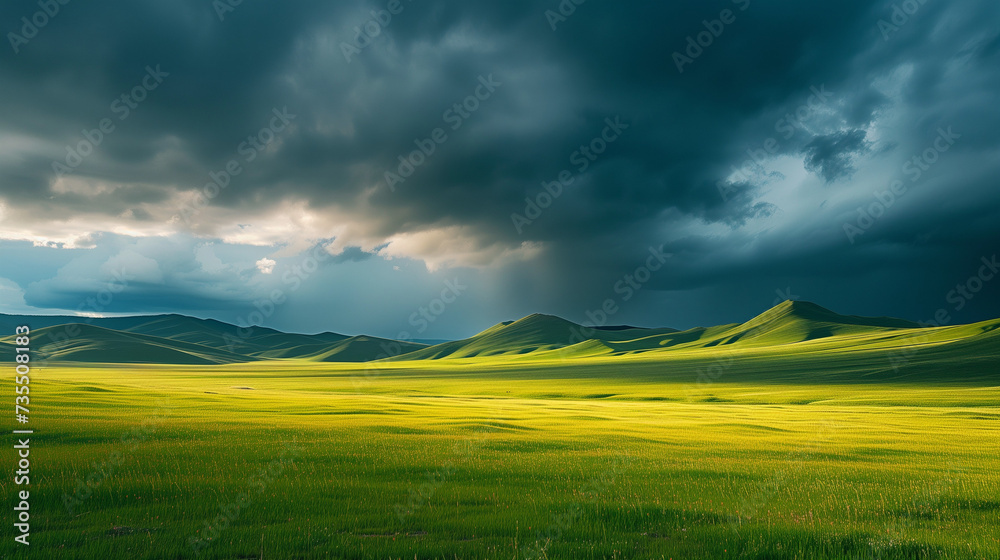 Obraz premium landscape photo. A late afternoon panoramic photograph of the Mongolian grasslands as a storm approache, 