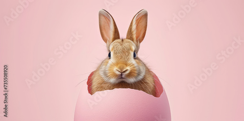 Cute bunny sitting inside an eggshell.