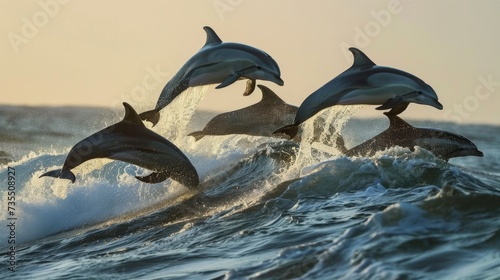 Majestic Dolphins Leaping Against Rolling Waves AI Generated.