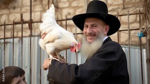 Jewish father Hassidic with dark black fedora hat holding with one hand on top live white chicken over kids head , Kapparot ritual before Yom Kippur. photo