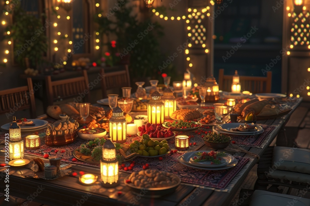 A 3D representation of a Ramadan feast spread across a lit dining table