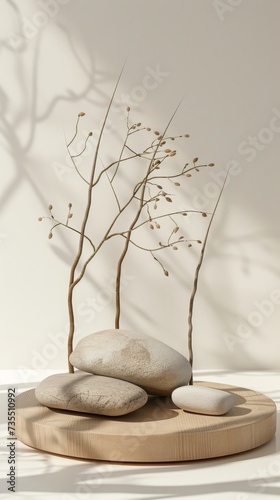 Wooden podium display with natural bamboo pedestal featuring wooden branch and white beach stones, casting shadows, pastel white background. Perfect for promoting cosmetics, beauty products.