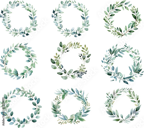 Watercolor wreath of eucalyptus leaves Collection