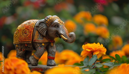 Stone patterned statue of elephant in a flower garden. Photorealistic composition for sliders and banners with empty space for text