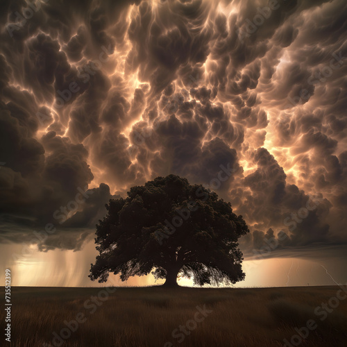 Apocalyptic Serenity: Lone Tree under a Maelstrom of Fiery Clouds - Surreal Nature Scene