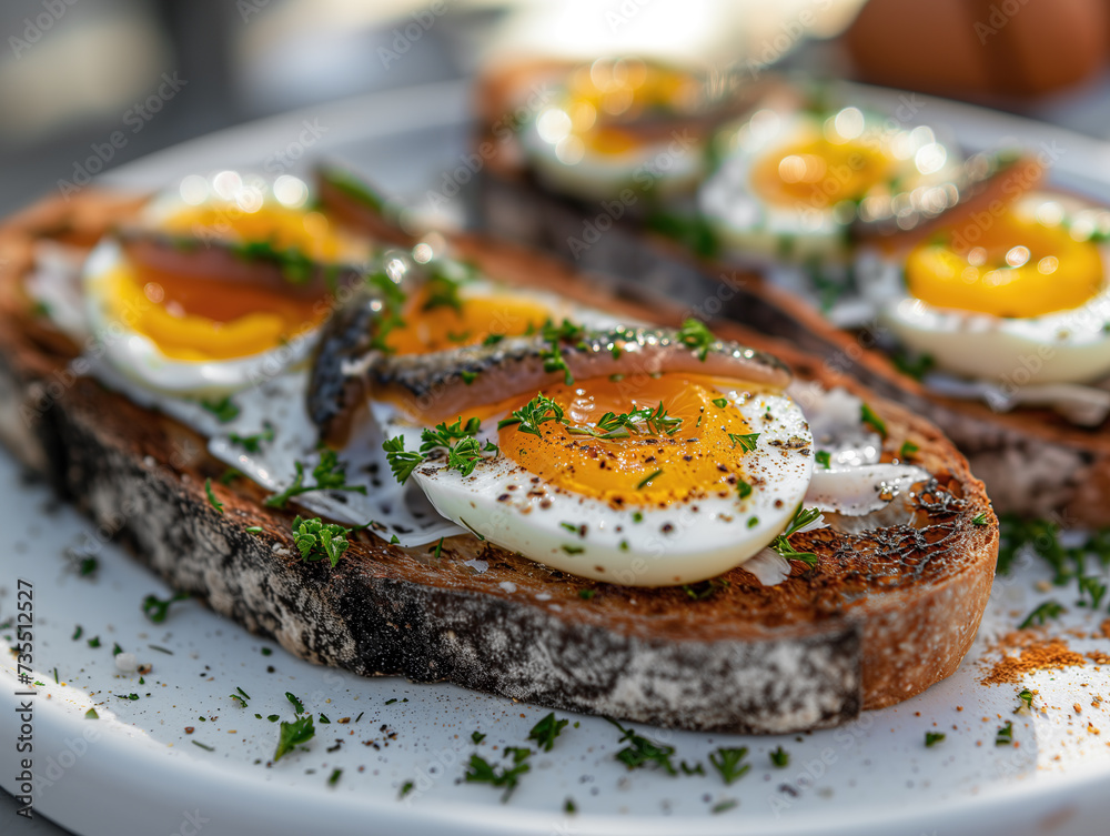 Toasts with boiled eggs, fish, and parsley. Traditional food for midsummer celebrations in Scandinavia. Tasty snack served in a cafe or restaurant. Healthy eating. Toasts with boiled eggs, fish, and parsley. Traditional food for midsummer celebrations in Scandinavia. Tasty snack served in a cafe or restaurant. Healthy eating.