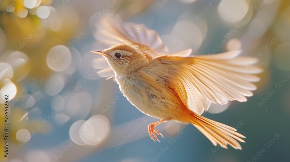 Fototapeta premium A small bird flying in the air with its wings spread, AI