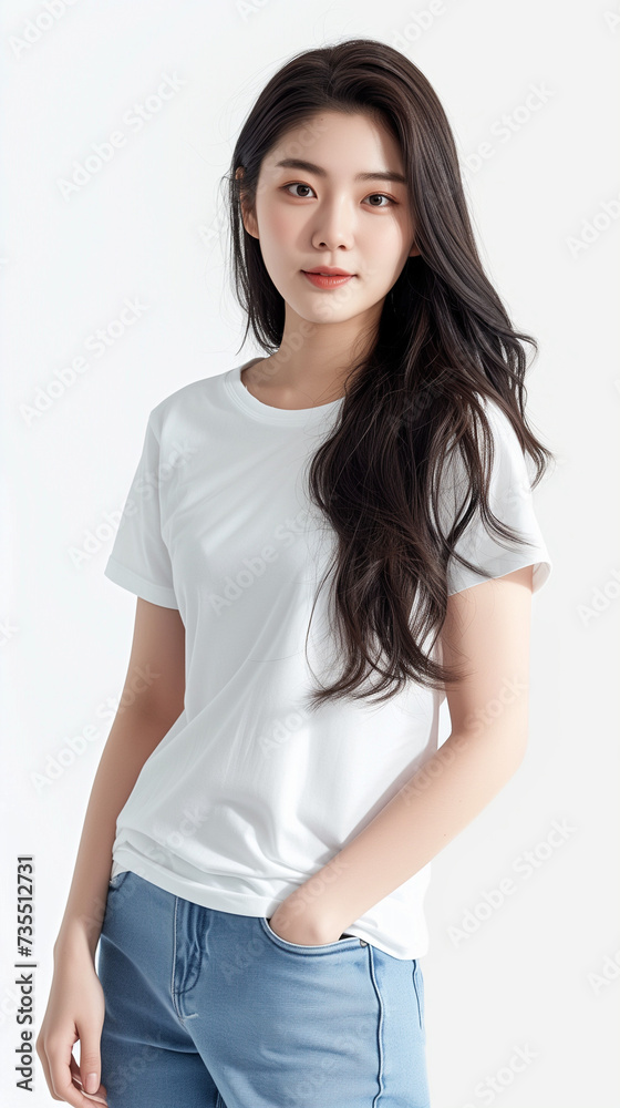 girl. Shooting commercials in studio. White t-shirt short sleeve and jeans girl. Shooting commercials in studio. White t-shirt short sleeve and jeans