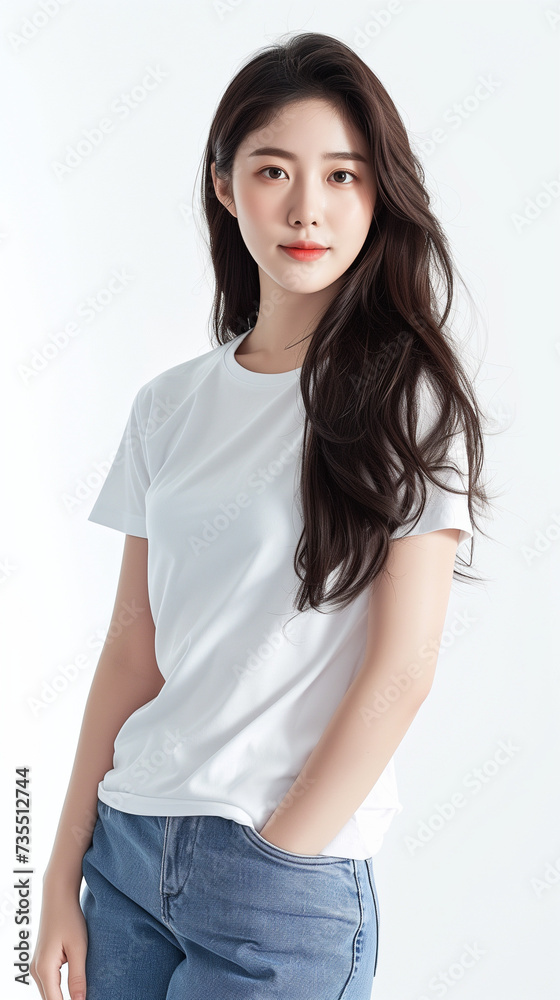 girl. Shooting commercials in studio. White t-shirt short sleeve and jeans girl. Shooting commercials in studio. White t-shirt short sleeve and jeans