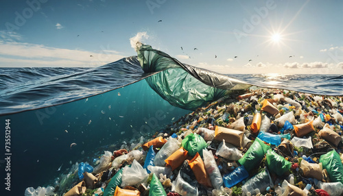 Free-floating industrial plastic waste in the ocean and on beaches, massively polluting coastal regions and waters around the world - ai generated photo