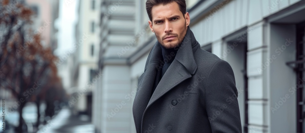 Confident stylish man in fashionable coat and jeans standing on busy urban city street Confident stylish man in fashionable coat and jeans standing on busy urban city street