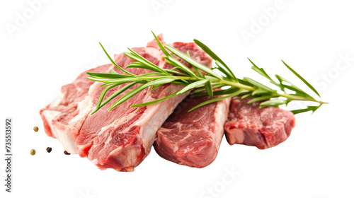 Juicy cuts of red meat, glistening with animal fat, are adorned with a fragrant sprig of rosemary, tempting the senses with the promise of a hearty and satisfying meal