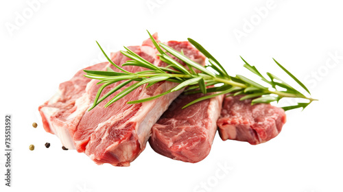 Juicy cuts of red meat, glistening with animal fat, are adorned with a fragrant sprig of rosemary, tempting the senses with the promise of a hearty and satisfying meal photo