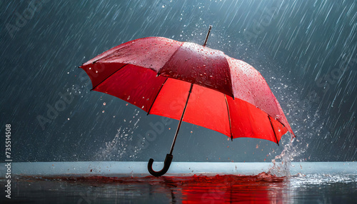 Red umbrella under heavy rain splash photo