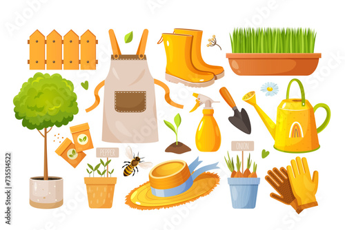 Colorful spring gardenings elements set.
