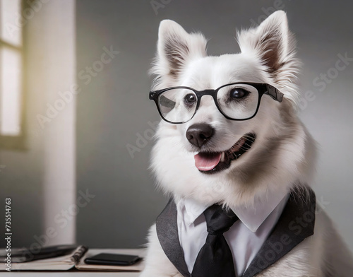 White office dog with glasses and suit photo