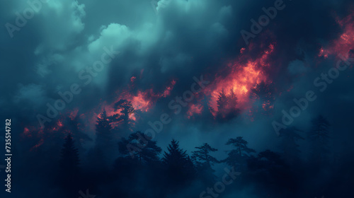 Inferno: Enigmatic Forest Under a Blazing Sky - Ethereal Nature Scene, Nature Disaster