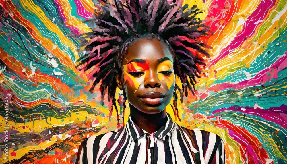 Fototapeta premium Pop art lines of a Zebra skinned woman in a sad artistic posing in style for a fashion photo