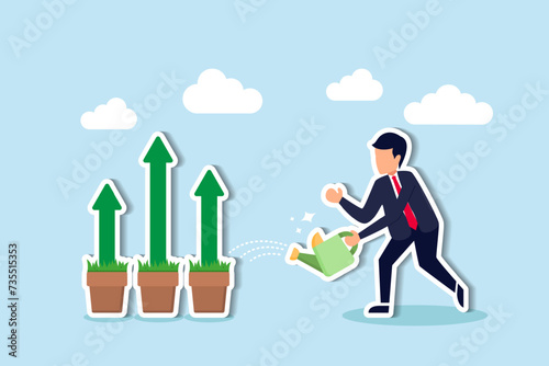 Boost business, revenue rise, self-growth, growth mindset, profitable investments, prosperity concept, businessman watering seedling plant with growing green growth arrow.