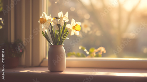 Wallpaper Mural Small bouquet of daffodils in a vase sitting next to window. Symbol of renewal and Marie Curie Torontodigital.ca
