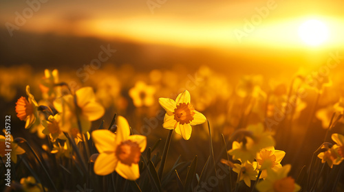 Daffodil field with golden sunlight, capturing the beauty of nature and symbol of renewal